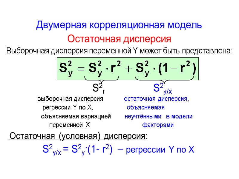 Двумерная корреляционная модель Остаточная дисперсия   Выборочная дисперсия переменной Y может быть представлена: